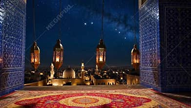 Persian Library Overlooking Ancient City at Night with Lantern Light