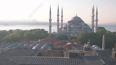 Blue Mosque With Minarets And Bosphorus View Over Istanbul