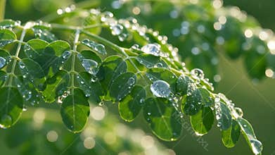 Fresh Green Moringa Leaves with Sparkling Water Droplets
