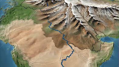Detailed physical relief map showing diverse landforms, deserts, mountain ranges, rivers, and water bodies with political borders