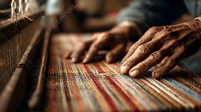 Woven fabric texture hands weaving on traditional loom with colorful yarns and rustic workshop atmosphere, tactile craftsmanship