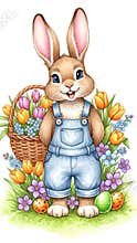Cute cartoon rabbit wearing blue overalls smiles while holding a butterfly near a basket filled with colorful eggs and