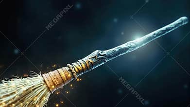 Ancient broomstick made from world tree branches glowing with sacred runes