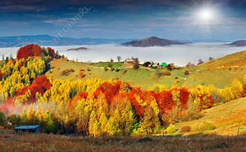 Colorful autumn landscape in the mountain village. Foggy morning