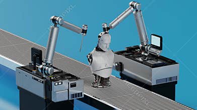 3d rendering robot assembly line producing cyborg in factory