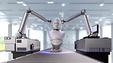Robot assembly line producing cyborg in factory