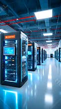 Modern data center aisle with illuminated server racks and cool blue lighting conveying high tech efficiency and secure