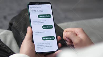 User switching between a boutique renovation app and a mindfulness AI chatbot. Ideal for promoting health-tech, interior