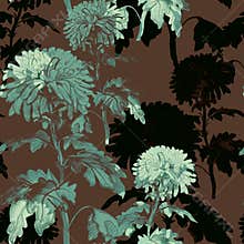 Floral seamless pattern with transparent flowers in green brown tones.