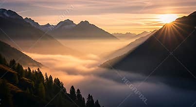 Majestic mountain range bathed in golden sunrise light over fog image
