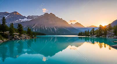 Turquoise Lake Reflects Snow Capped Mountains at Sunrise water