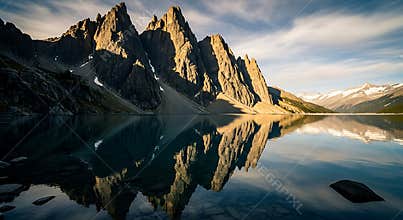 Jagged mountain peaks reflect in calm lake water at sunrise reflection
