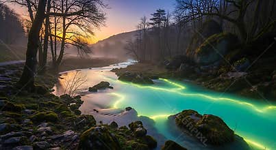 Ethereal glowing river flows through misty forest at sunset water nature