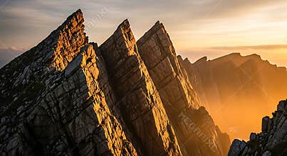 Jagged mountain peaks illuminated by warm golden sunset light rock cliff