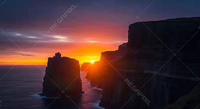 Dramatic sunset over dark ocean cliffs with sunburst rock