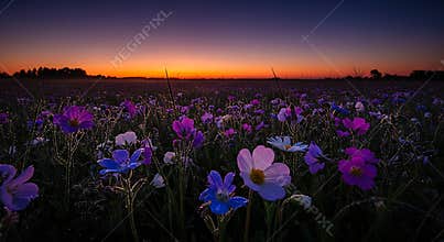 Purple and blue wildflowers in field at sunrise with dew drops nature
