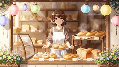Cute Anime Girl Working at a Cozy Bakery Shop