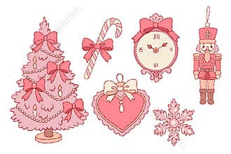 Pink coquette Christmas clipart set with holiday decorations and symbols