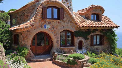 Charming stone cottage by the sea surrounded by colorful gardens and vibrant flowers in clear blue skies