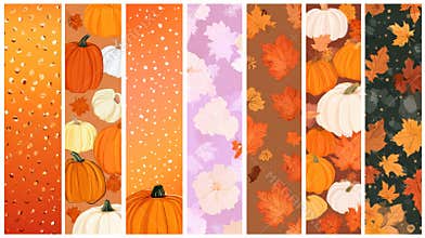 Autumn Patterns Featuring Pumpkins and Leaves in Warm Orange and Brown Tones, Perfect for Seasonal Design Projects