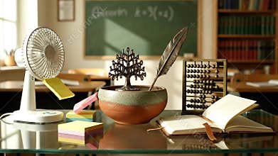 Classroom Still Life with Fan Abacus and Quill on Desk Before Blackboard with Chalkboard Equations Educational Ambiance of Retro
