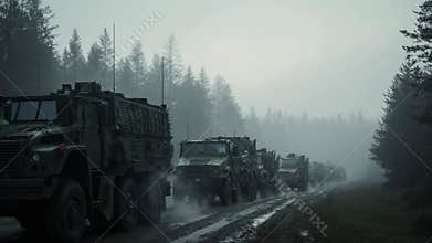 Military convoy driving on a muddy forest road