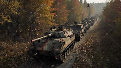 Military convoy of tanks advancing on a forest road in autumn
