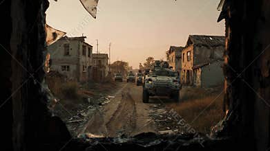 Military armored vehicle convoy driving through war torn city at sunset