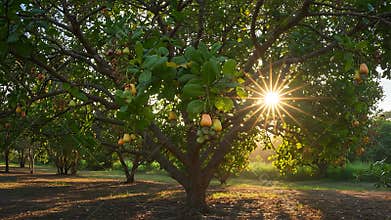 Scenic cashew plantation video with trees, fruits and sun rays shining through the branches
