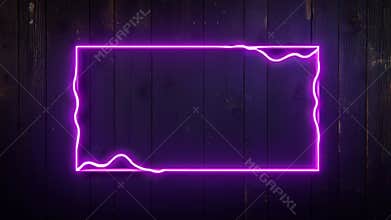 A purple neon rectangle frame with curved corners on a dark wooden plank background texture
