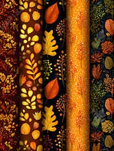Colorful Autumn Patterns Featuring Leaves, Fruits, and Flowers Arranged in a Visually Striking Display of Seasonal