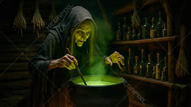 A witch brews a magic potion in a cauldron