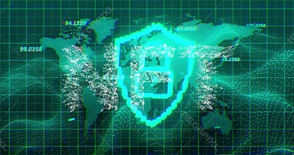 Pulsing shield outline initiating particles converging into NFT text showing blockchain security