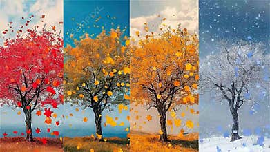 Four seasons of nature tree displaying seasonal changes in weather