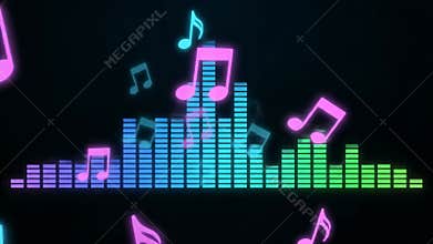 Vibrant Neon Music Notes Dance Above Pulsating Equalizer Bars in Dark Digital Realm