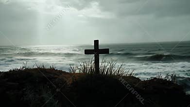 Wooden Cross Stands on Rocky Coast With Ocean Waves