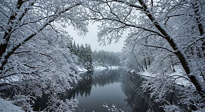 Snow Covered Arch Framing Tranquil Winter River with Reflected Forest and Moody Sky