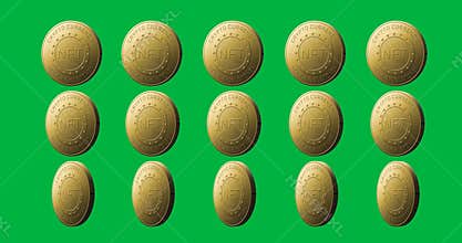 Animation of rows of golden nft coins spinning over transparent background