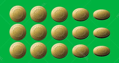 Animation of rows of golden nft coins spinning over transparent background