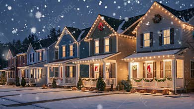 Row of Houses Decorated With Holiday Lights During a Snowy Evening