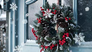Christmas Wreath Hangs on a Front Door in Winter