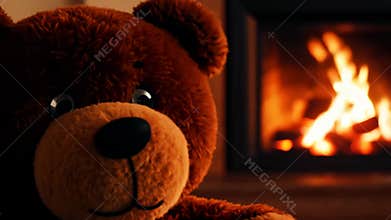 Brown Teddy Bear Relaxing Near a Warm Fireplace in Living Room