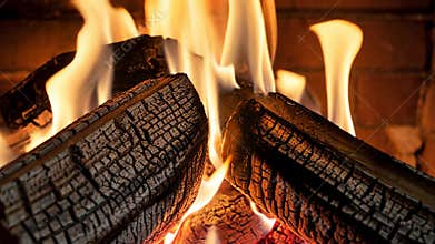 Cozy Fireplace With Burning Logs Provides Heat on a Cold Winter Evening