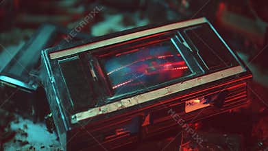 Abandoned retro device reflecting colorful cyberpunk neon city lights