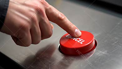 Finger Presses a Bright Red Cancel Button on a Metal Surface, During the Daytime