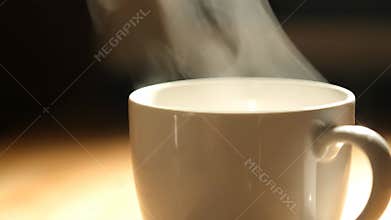 Hot Beverage Steams in a White Mug During the Day
