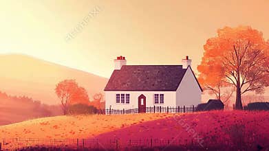 White country cottage in autumn sunset landscape
