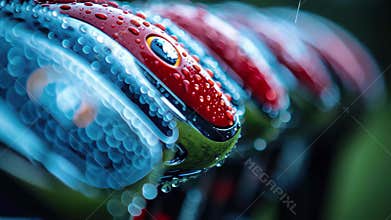 Golf clubs with droplets on their surfaces lined up outdoors after rain, showcasing modern design and colors