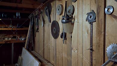 Workshop interior with shelves and parts.