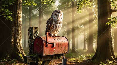 Barn Owl Perched Atop Red Mailbox in Sunlit Forest Environment
